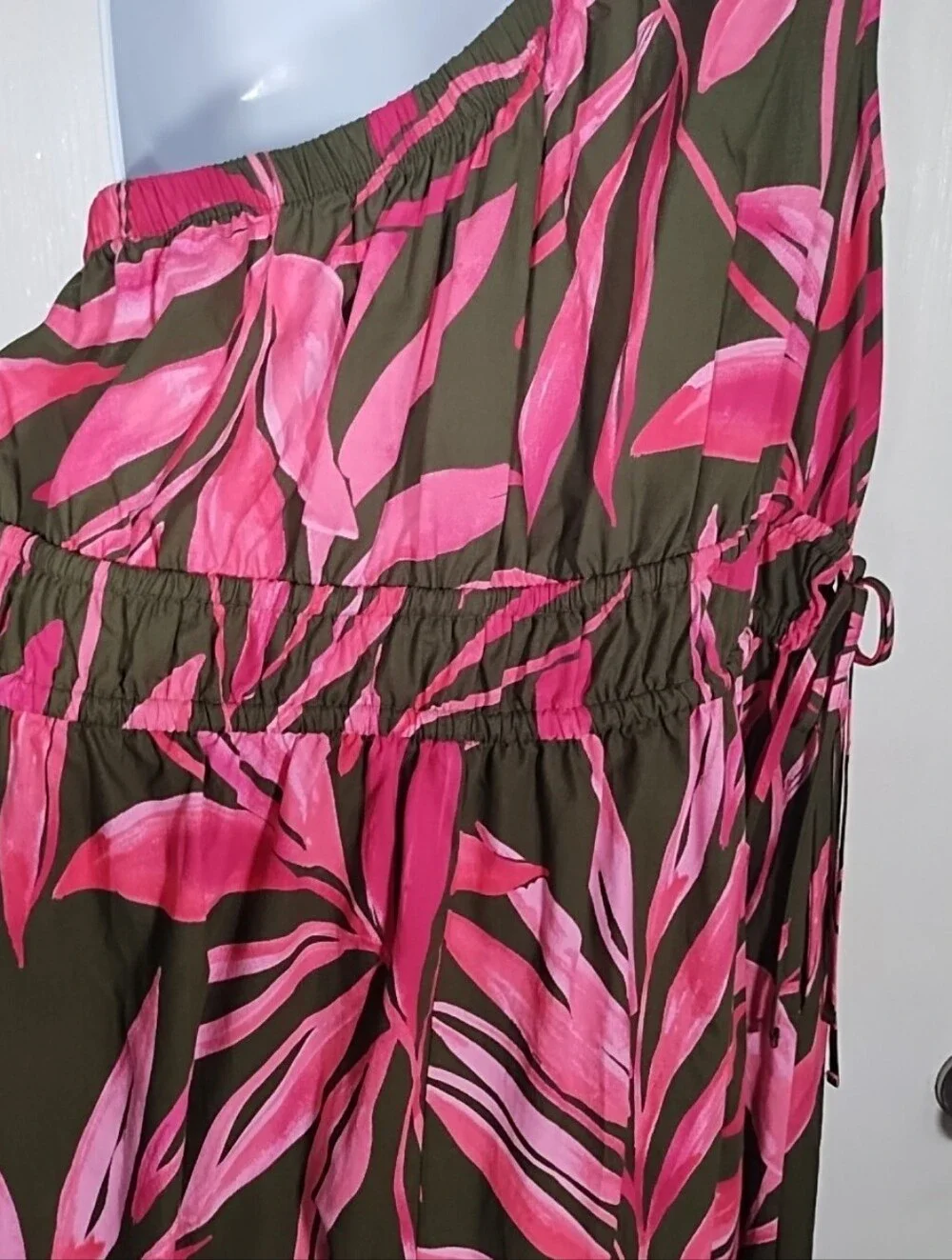 Time and Tru Women's XL One Shoulder Cotton Midi Dress Pink Olive/Gray Pockets